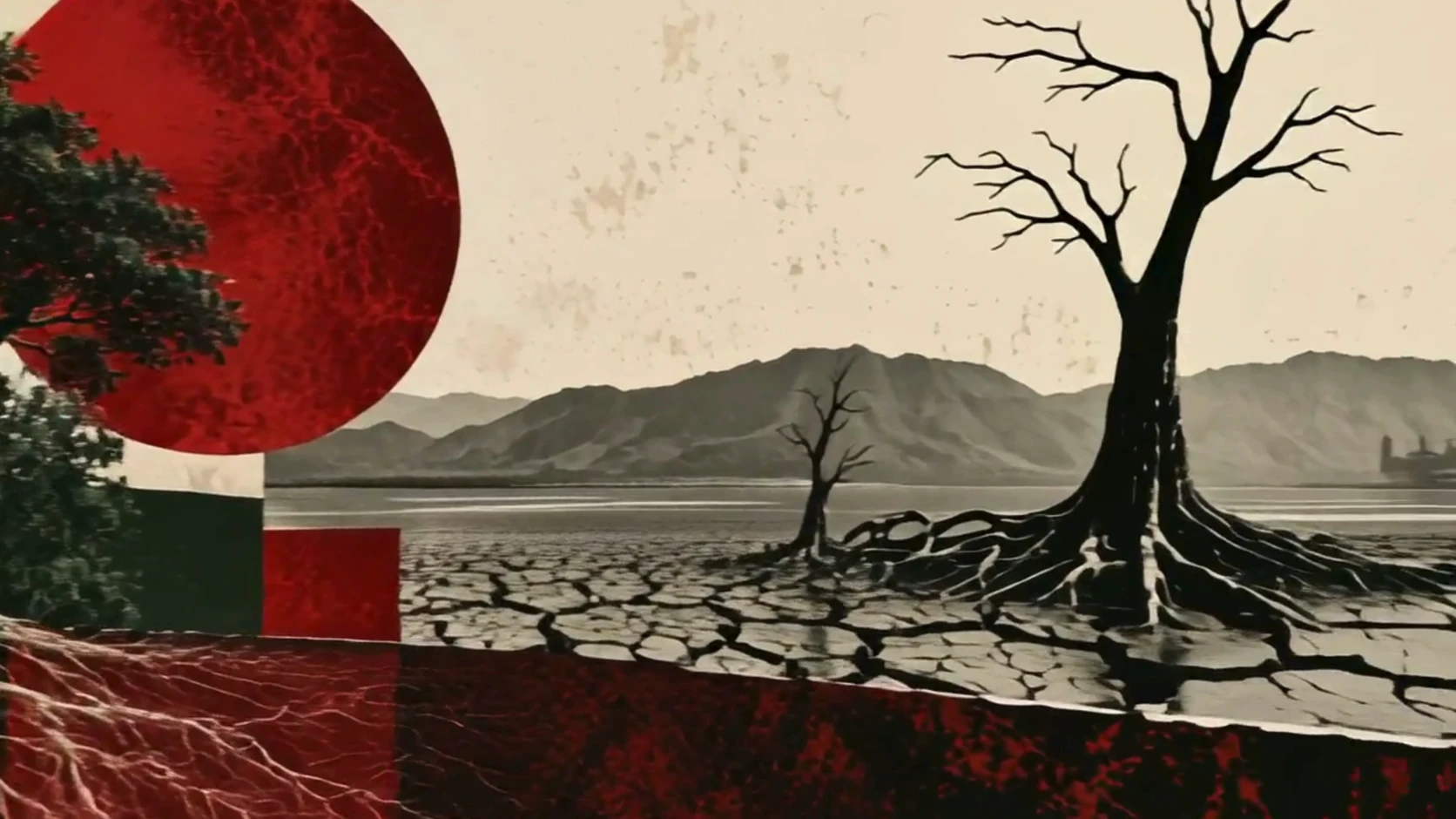 Árvore seca de raízes expostas sobre terra rachada, diante de um sol vermelho e montanhas.