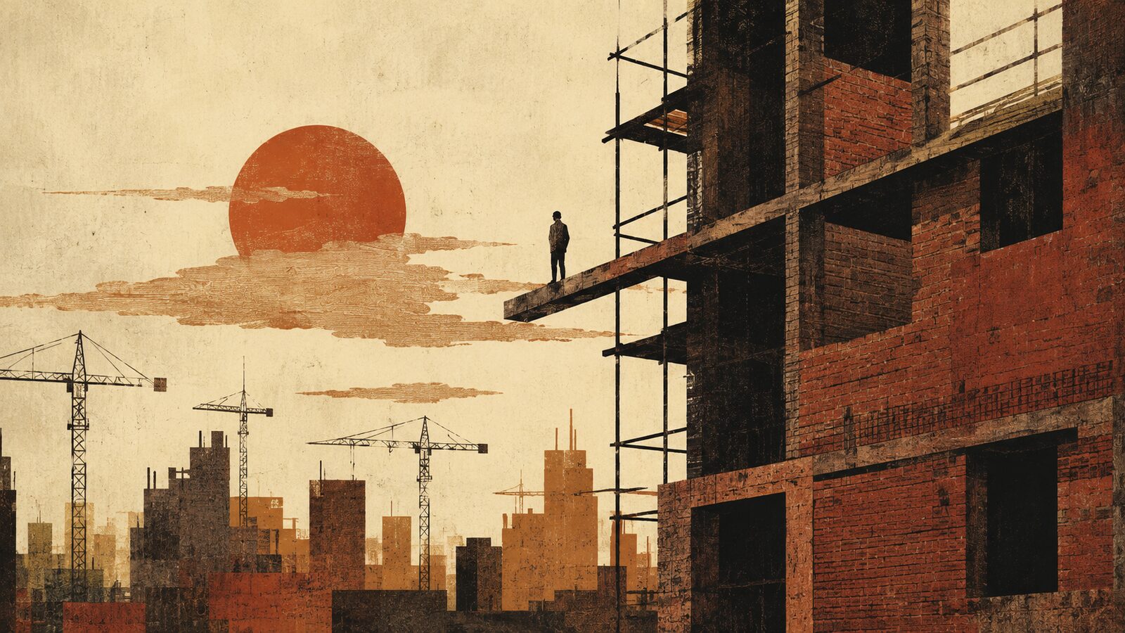 Um operário em um andaime, ao entardecer, diante de uma cidade em construção com guindastes ao fundo.